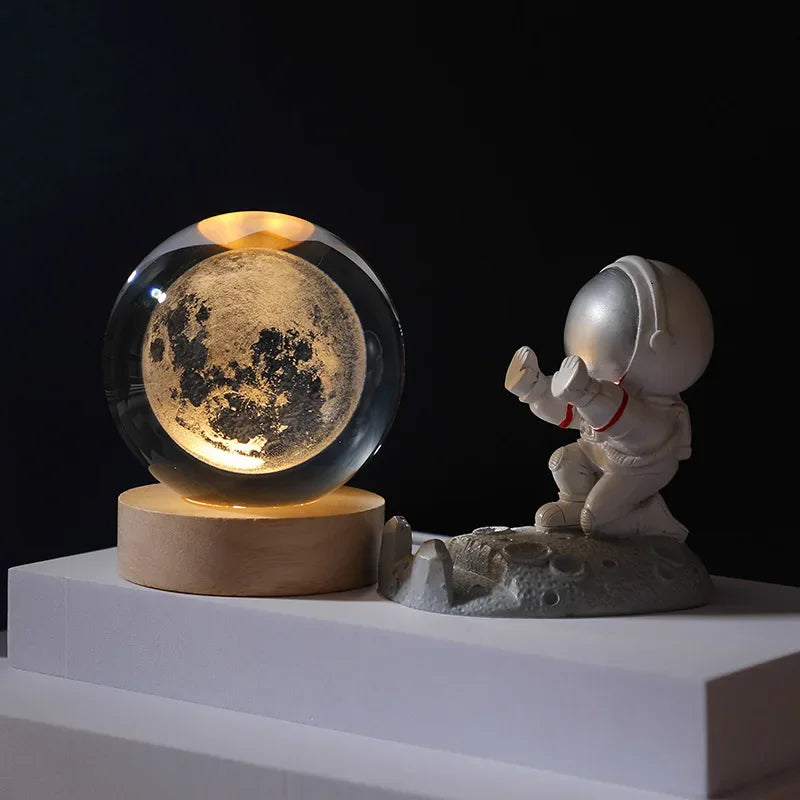 Lampe Cristal 3D – Lune, Galaxie, Saturne ou Système Solaire – Base en bois & LED USB