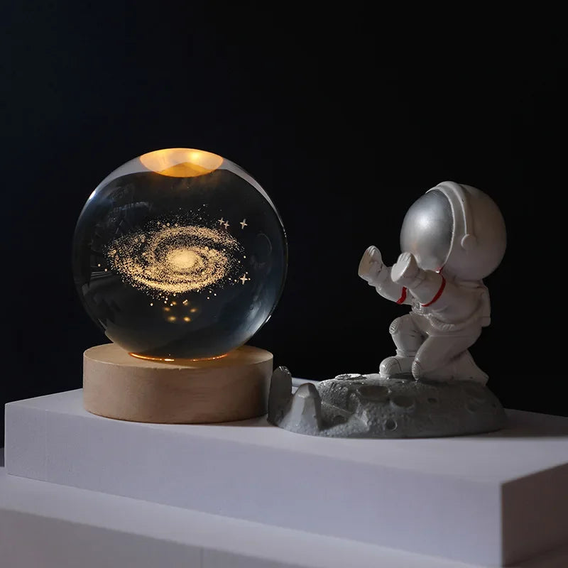Lampe Cristal 3D – Lune, Galaxie, Saturne ou Système Solaire – Base en bois & LED USB