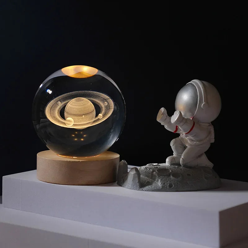 Lampe Cristal 3D – Lune, Galaxie, Saturne ou Système Solaire – Base en bois & LED USB