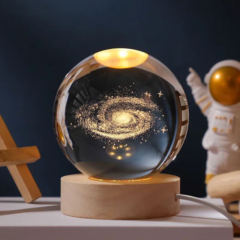 Lampe Cristal 3D – Lune, Galaxie, Saturne ou Système Solaire – Base en bois & LED USB