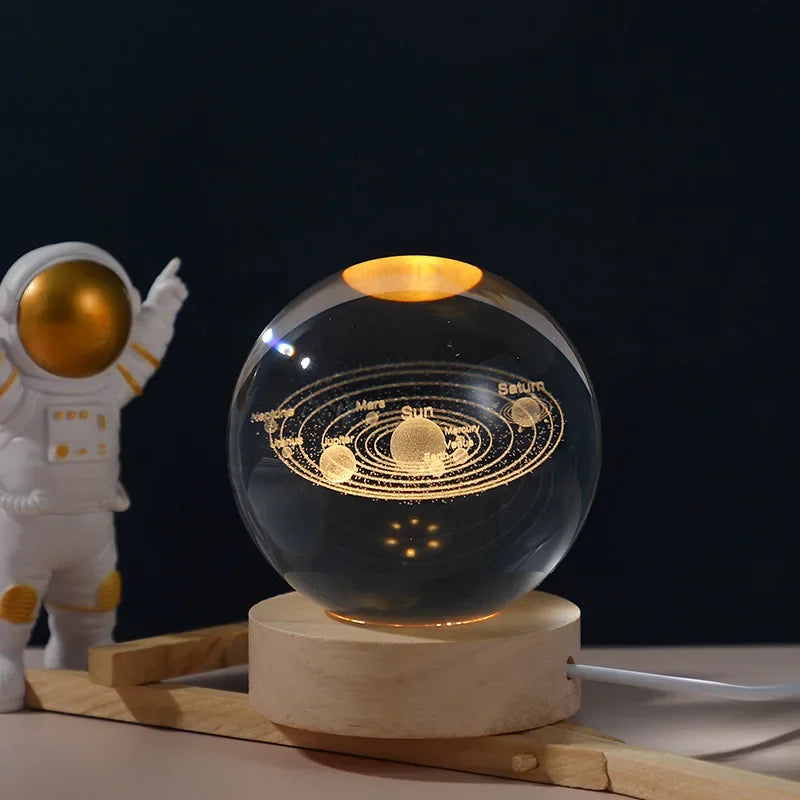 Lampe Cristal 3D – Lune, Galaxie, Saturne ou Système Solaire – Base en bois & LED USB