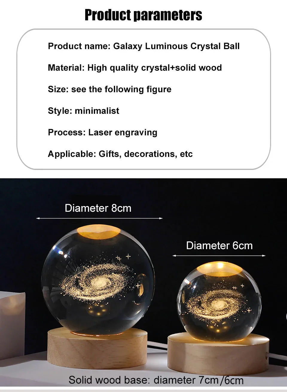 Lampe Cristal 3D – Lune, Galaxie, Saturne ou Système Solaire – Base en bois & LED USB