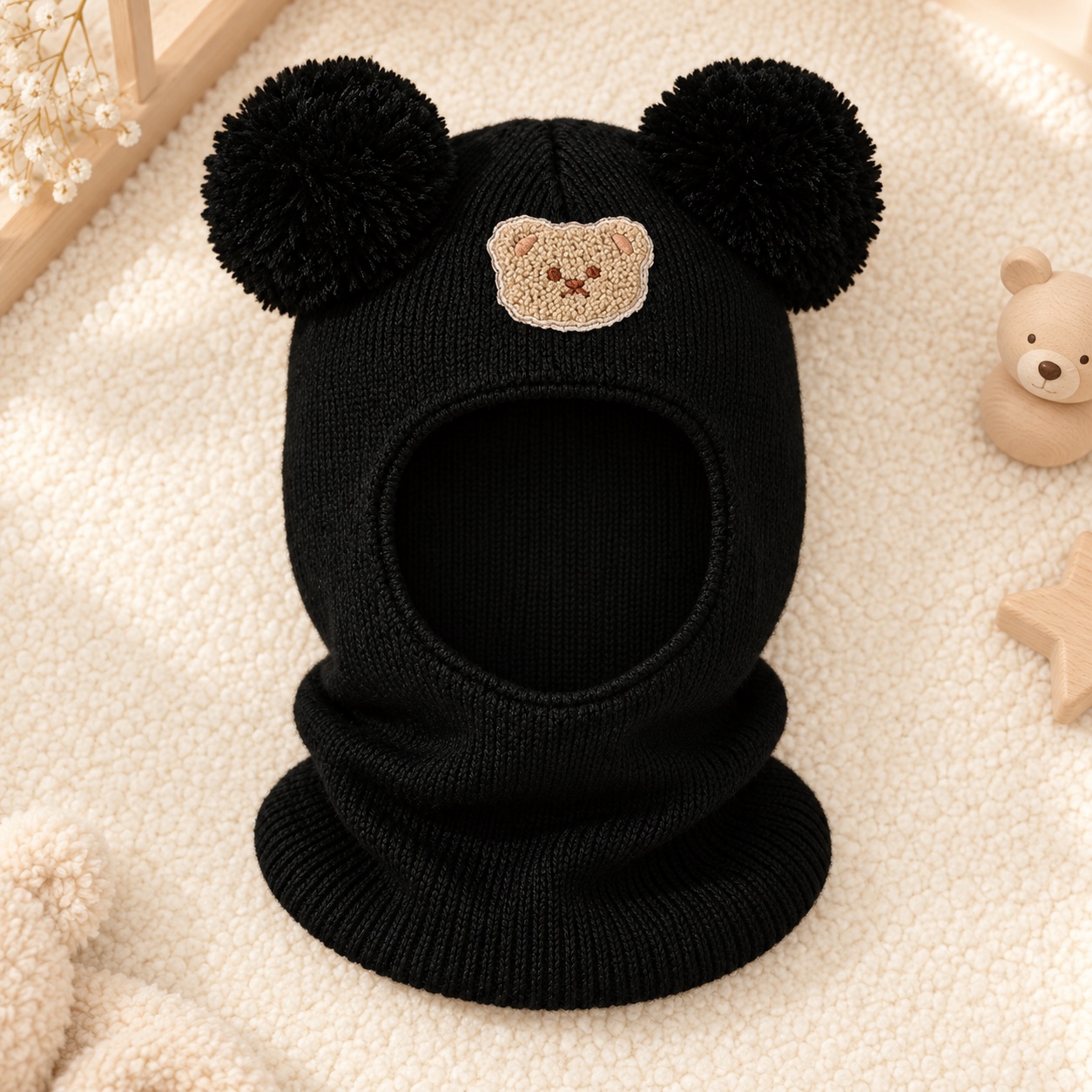 Cagoule écharpe enfant noire à pompons ours – 1-3 ans